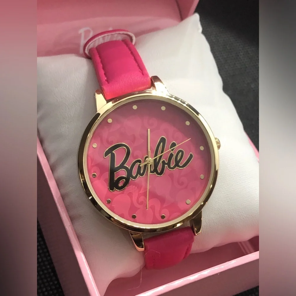 Barbie pink strap gold plated trim pink Barbie‎ logo face wrist watch new